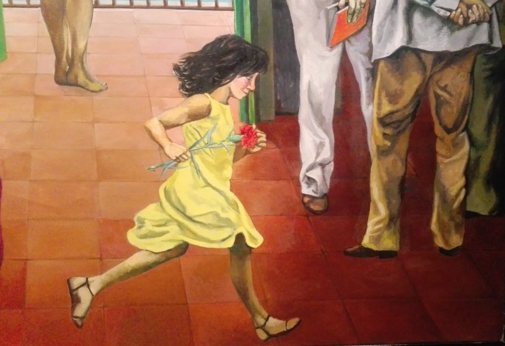 Particolare del dipinto "Spes contra spem" di Renato Guttuso: una bambina vestita di giallo porta un garofano in mano, allegoria della vitalità della giovinezza