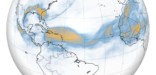 ricostruzione grafica della nube di sabbia saharia sopra le americhe