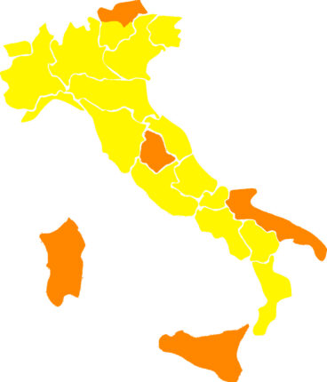 TUtte le regioni in giallo, eccetto Umbria, Sicilia, Puglia, Sardegna, Provincia di Bolzano